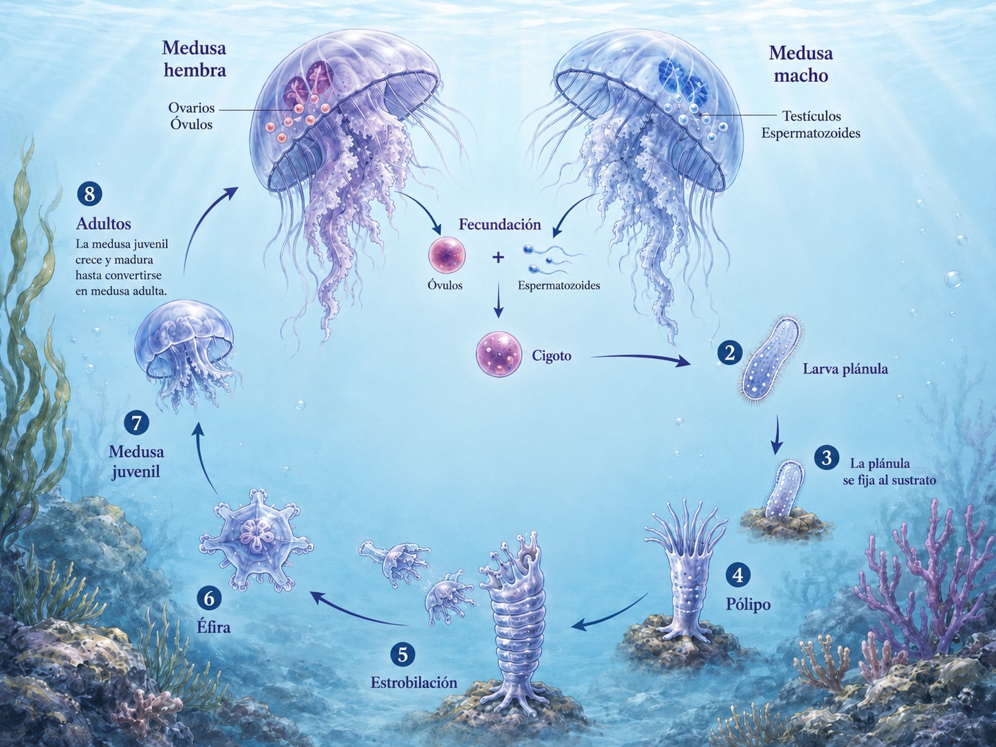 Jellyfish life cycle, from fertilization and the planula larva to the polyp, strobilation, ephyra and adult medusa