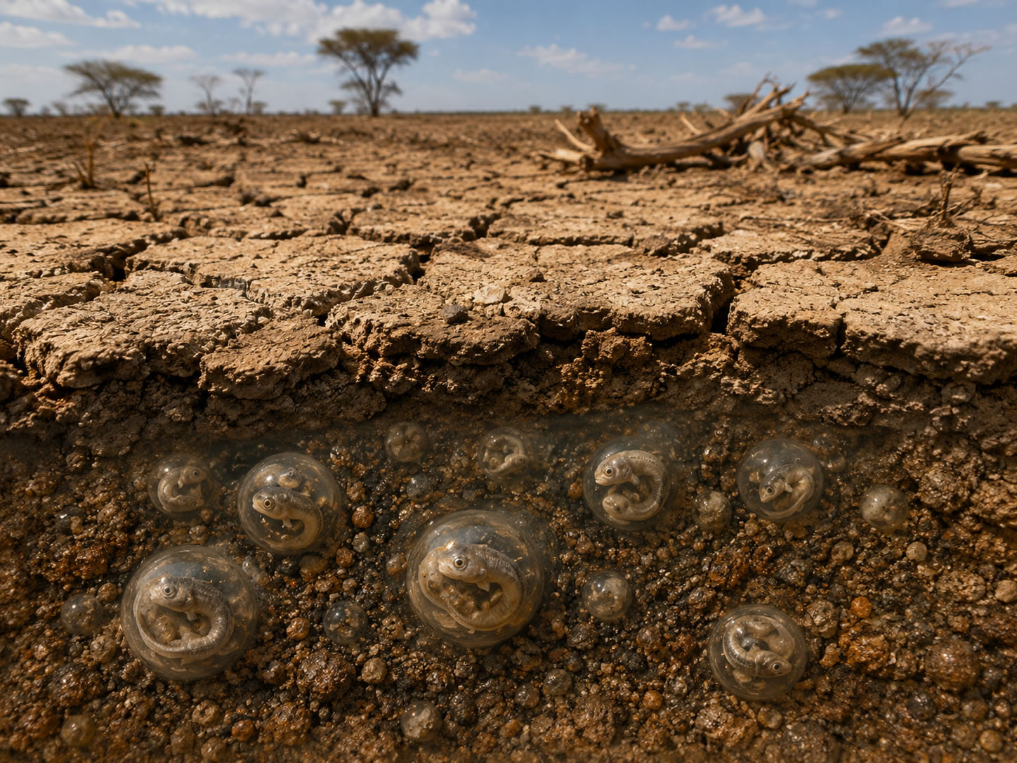 Annual killifish embryos in diapause buried beneath the dry sediment of a temporary pool