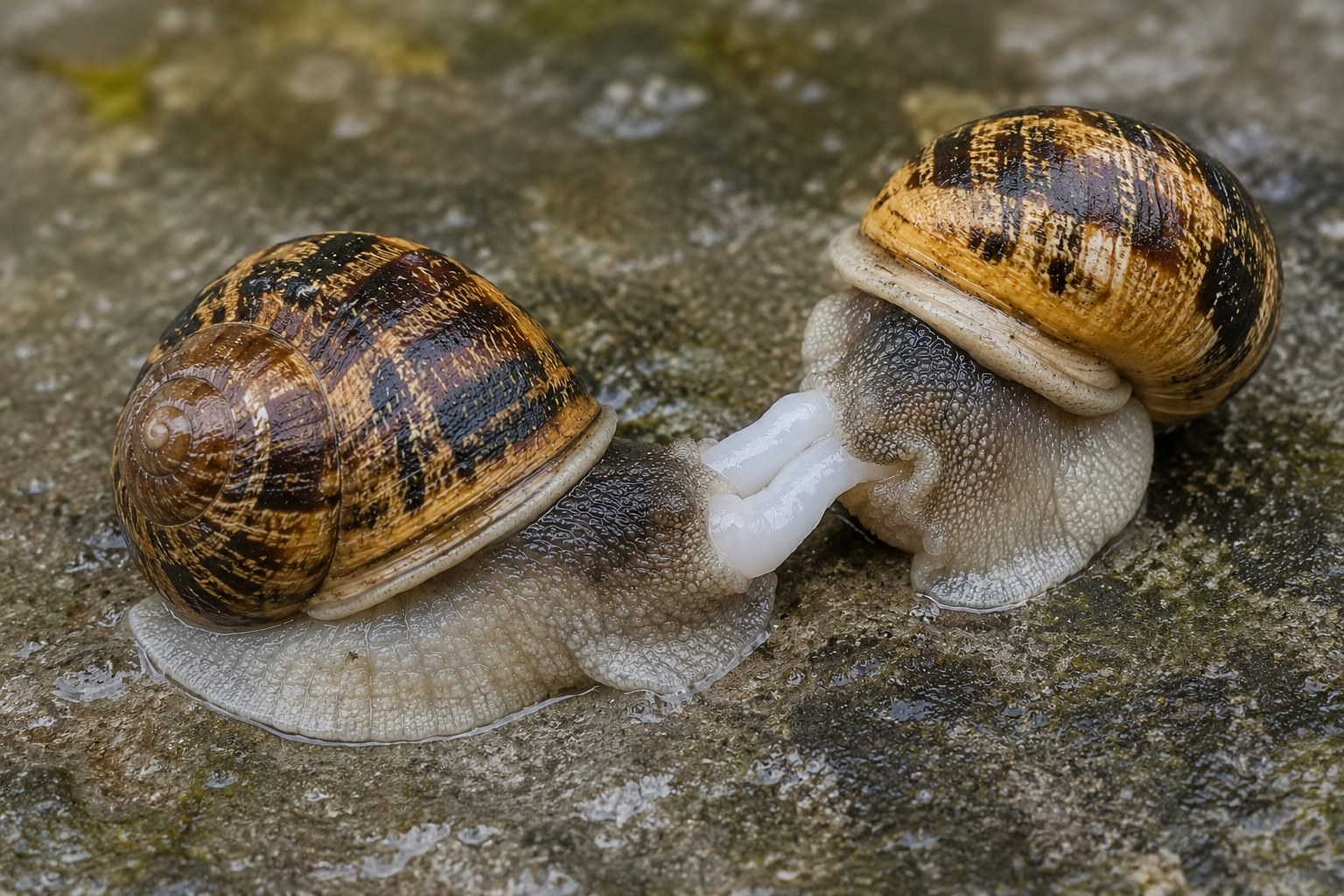 Dos caracoles terrestres hermafroditas durante el apareamiento, intercambiando esperma de forma recíproca