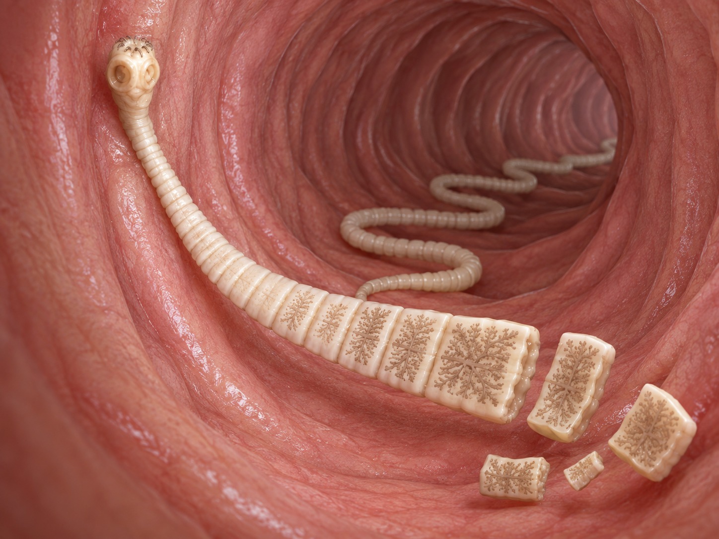 Tenia adulta adherida al intestino, con sus proglótides y segmentos grávidos